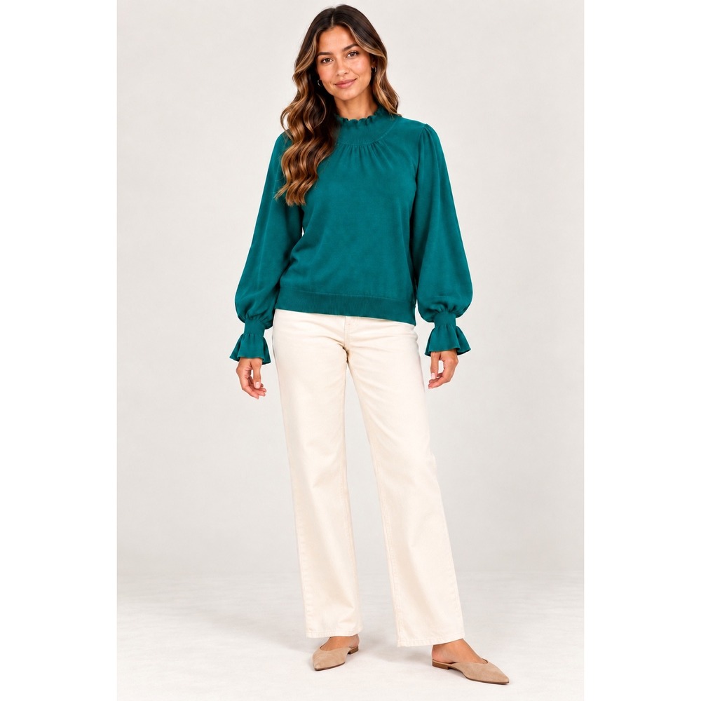 &merci Women's Medium Teal Ruffle Mock Neck Balloon Sleeve Sweater